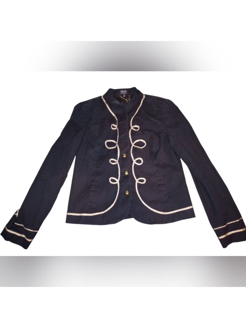Nicole Miller Cropped Jacket. Embellished with gold trim design. Pleated Back.
